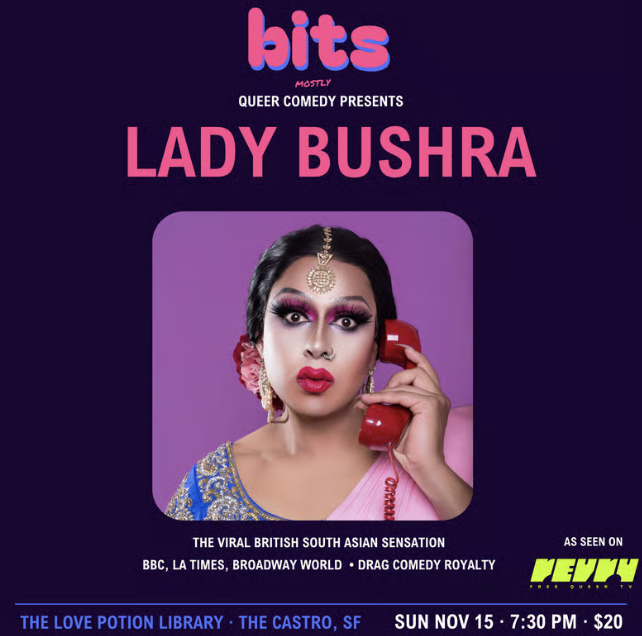 Lady Bushra's Queer Comedy Night in een romantische boekwinkel (SF)